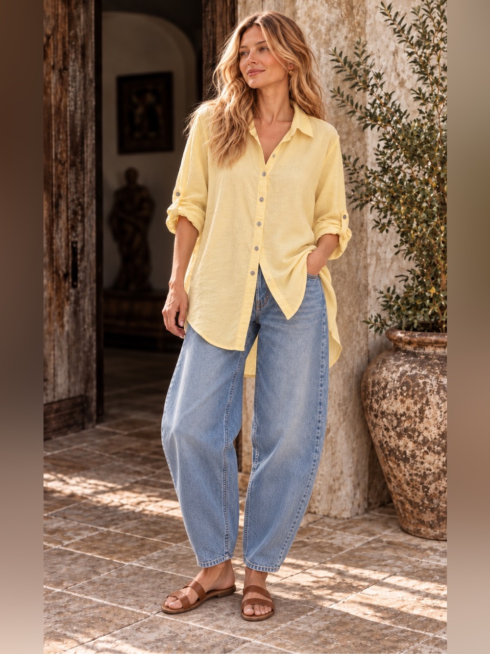 Sigrid Olsen Linen Blend Butter Yellow Relaxed Lagenlook Shirt, 2X